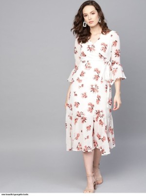 New Printed Georgette Ener Micro Crepe White Dress